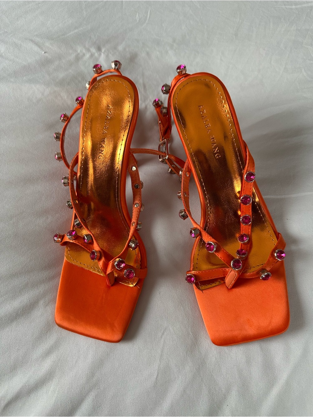 Orange Satin Strappy High Heels - Picture 2 of 7
